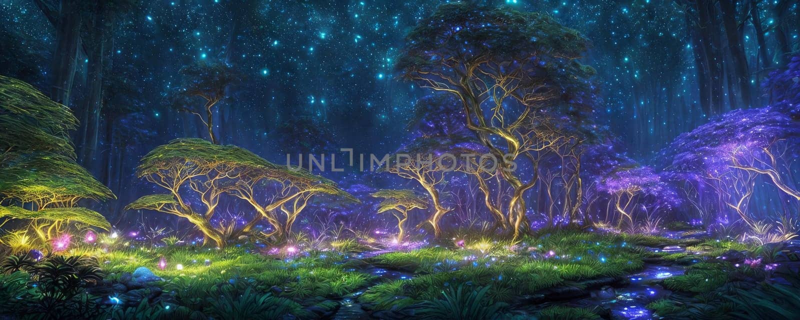 A mystical forest at night with luminescent plants and firefly-like creatures lighting up the scene. AI Generated