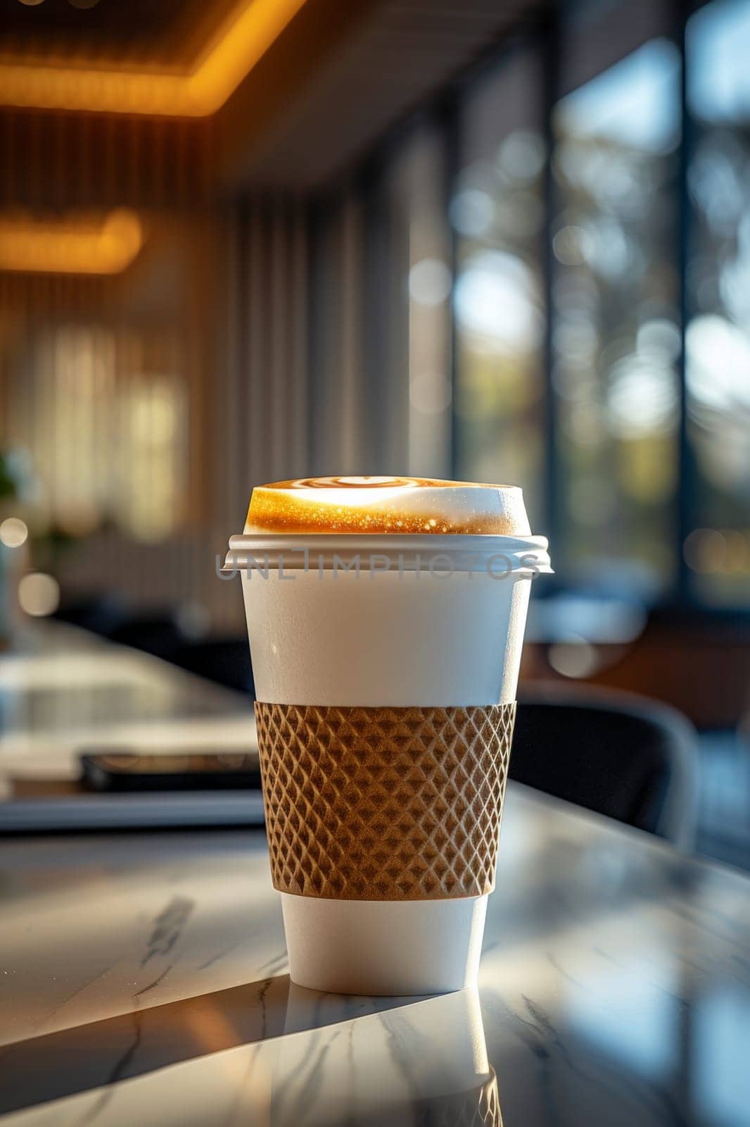 Coffee break in cozy office and natural background