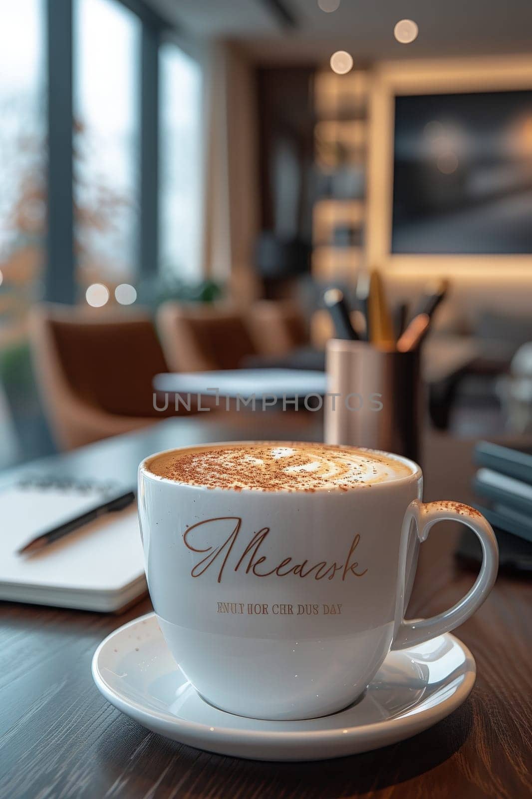 Coffee break in cozy office and natural background