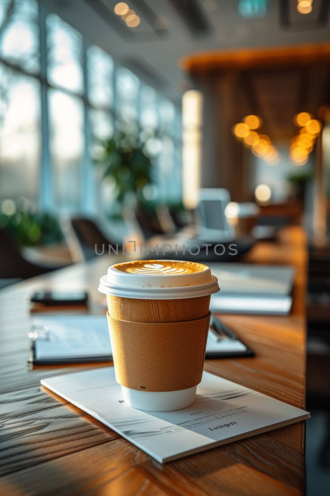 Coffee break in cozy office and natural background