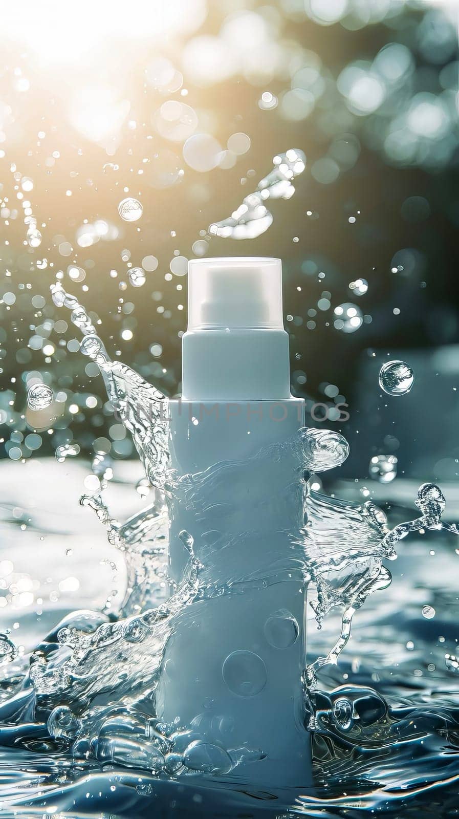 A cosmetic bottle immersed in clean water, permeated with sunlight. AI generated.