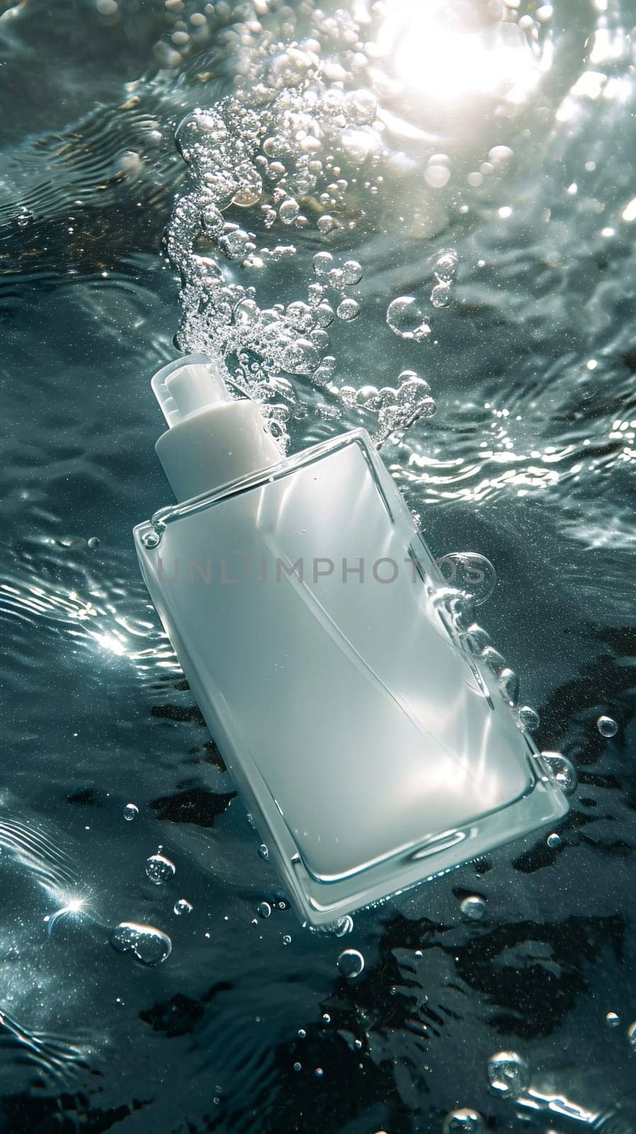 A cosmetic bottle immersed in clean water, permeated with sunlight. AI generated.
