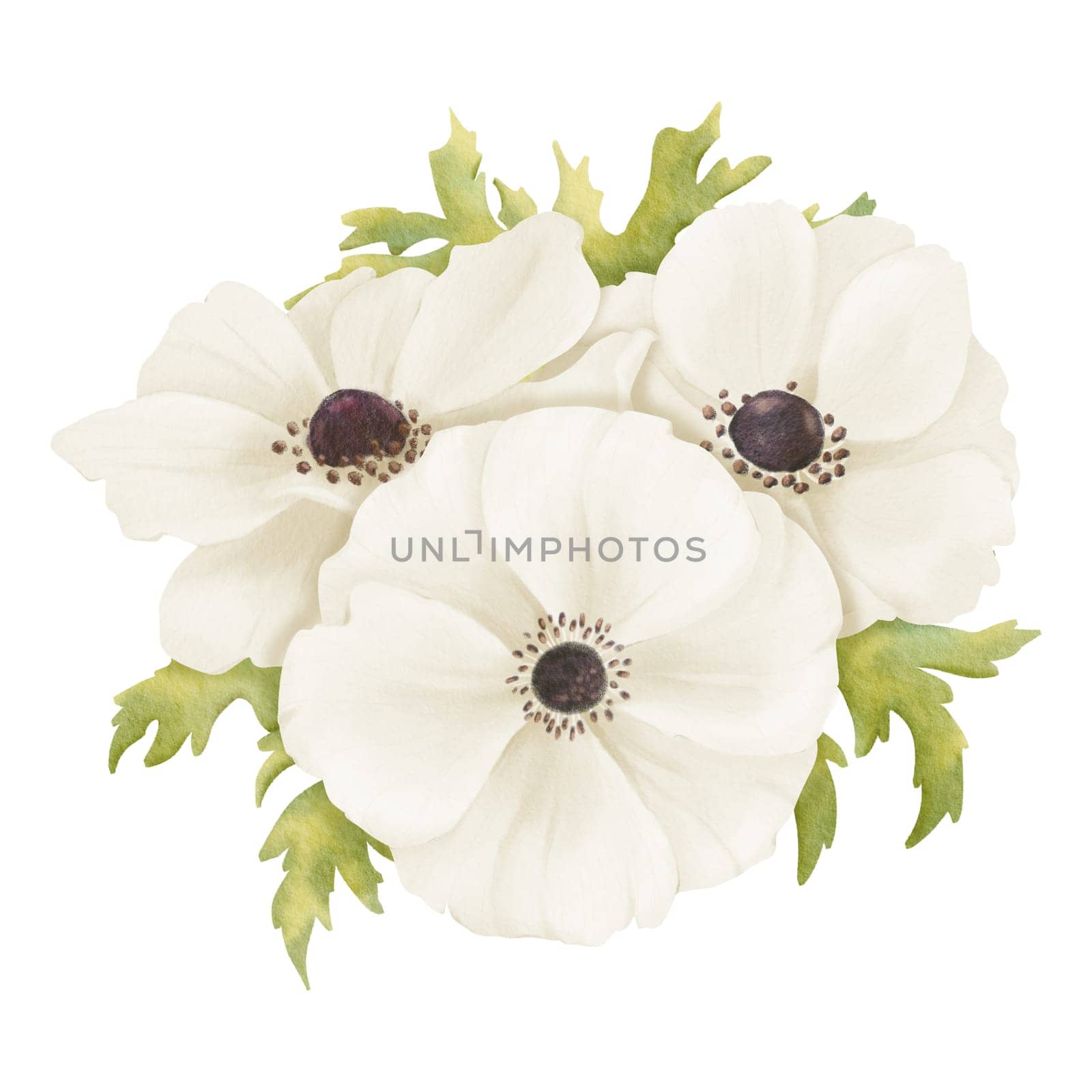 A tender watercolor depiction showcasing a bouquet of white anemones and fresh greenery. Suitable for a wide range of design projects including floral arrangements, boutonnieres, or digital graphics by Art_Mari_Ka
