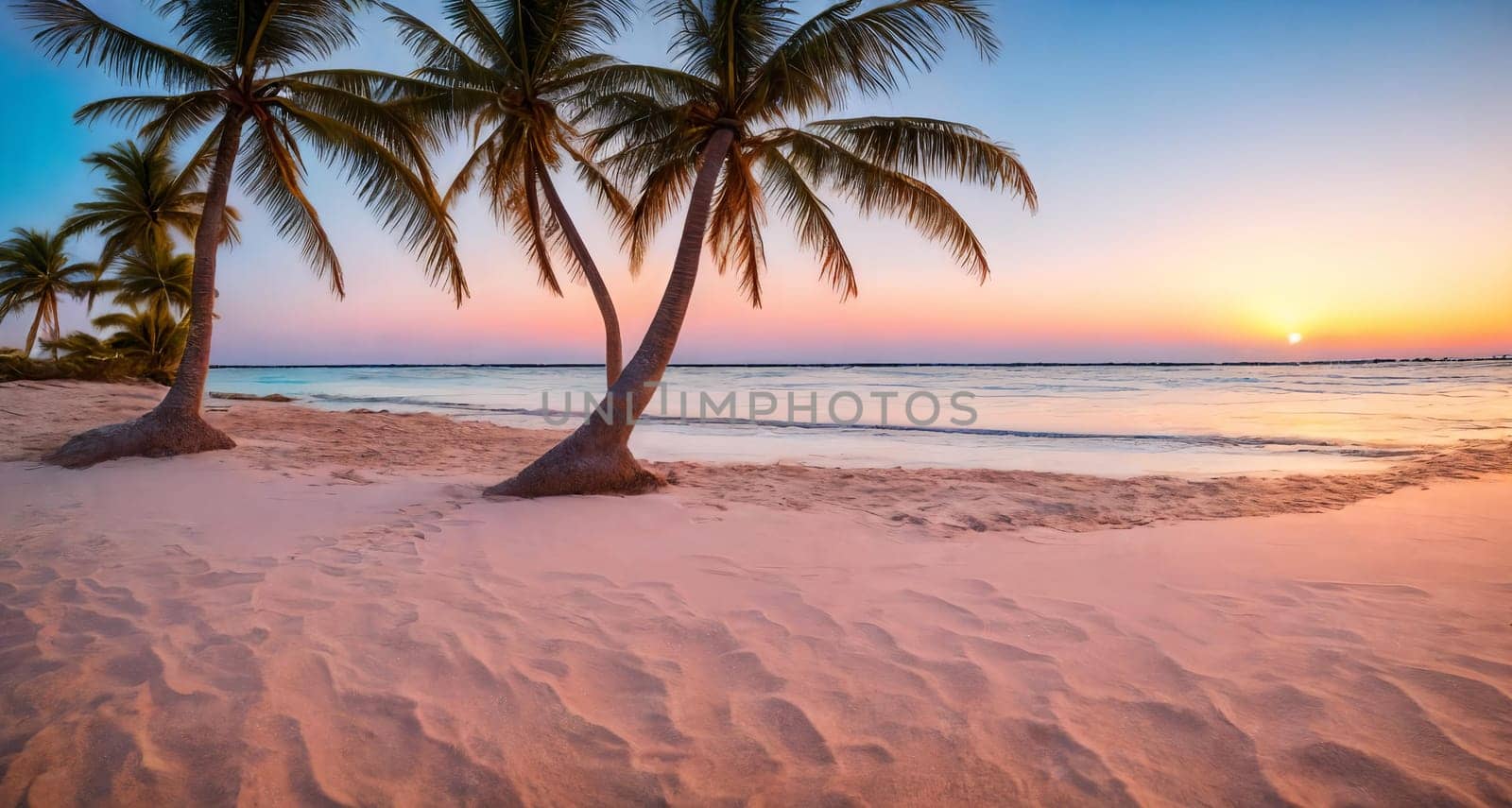 A sunset paints the sky in hues of orange pink over a tranquil beach with a palm tree swaying gently. Generative AI. by GoodOlga