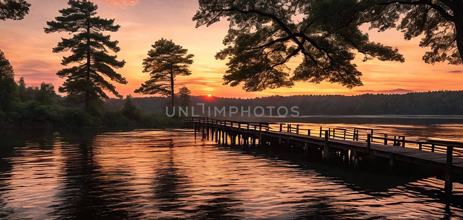 A vibrant sunset paints the sky over a tranquil forest lake pier Reflecting the golden hues on the calm waters below Generative AI