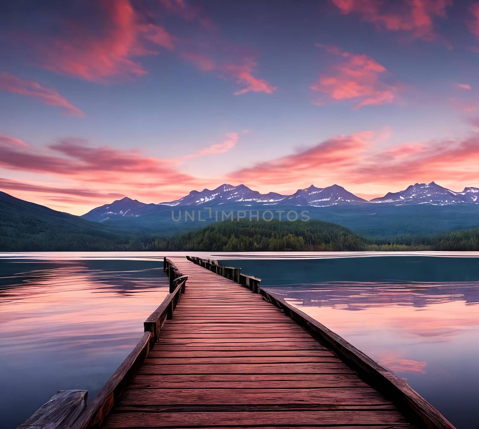 A vibrant sunset paints the sky over a serene lake, casting a radiant glow on a peaceful wooden pier. Generative AI