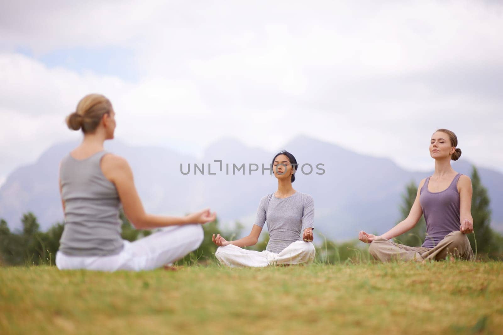 Lotus, instructor and meditation outdoor for yoga, healthy body and mindfulness exercise to relax. Peace, group and calm women in padmasana in nature for balance, spirituality or breathing together.