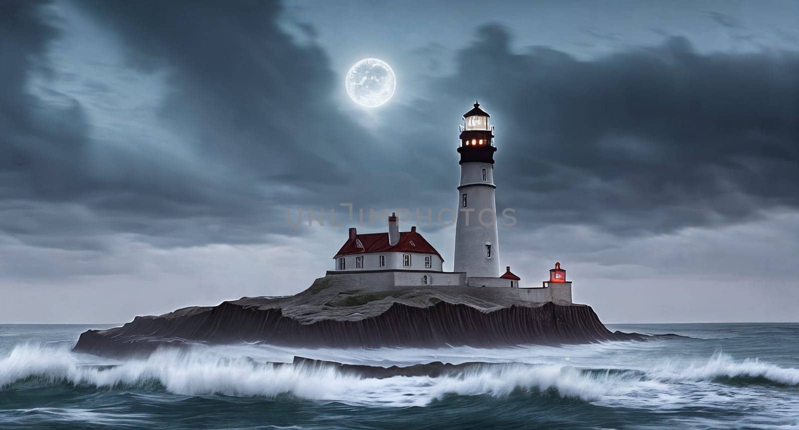 Haunted lighthouse on rocky coast: stormy skies, crashing waves, ghostly light from tower. Eerie atmosphere surrounds the spectral beacon.