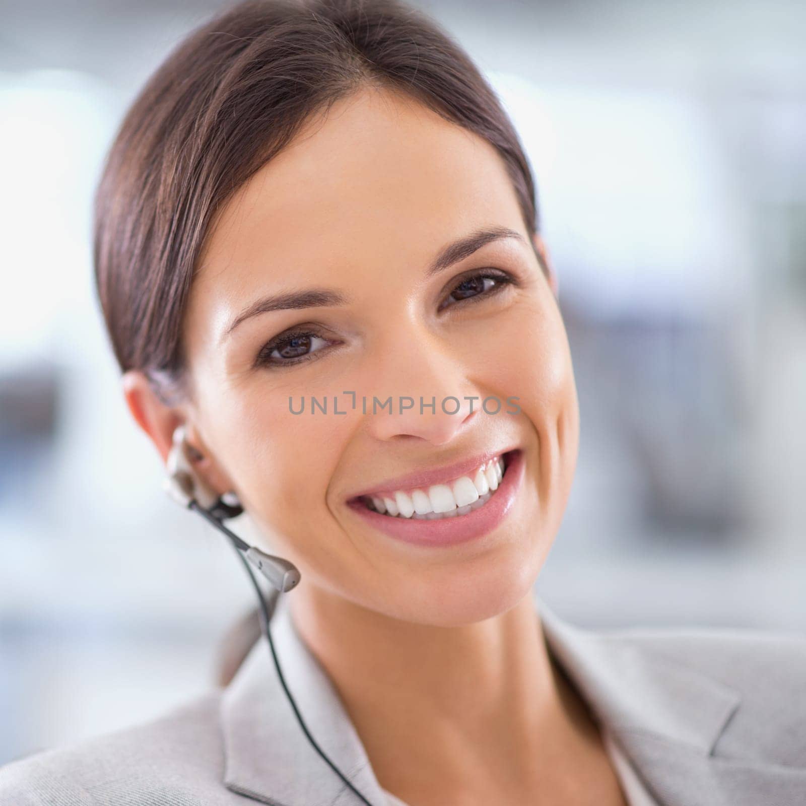 Call center, woman and portrait for telemarketing or communication with headset, happiness and contact us. Customer support, employee and face of agent with consulting, help desk and advisor at work.