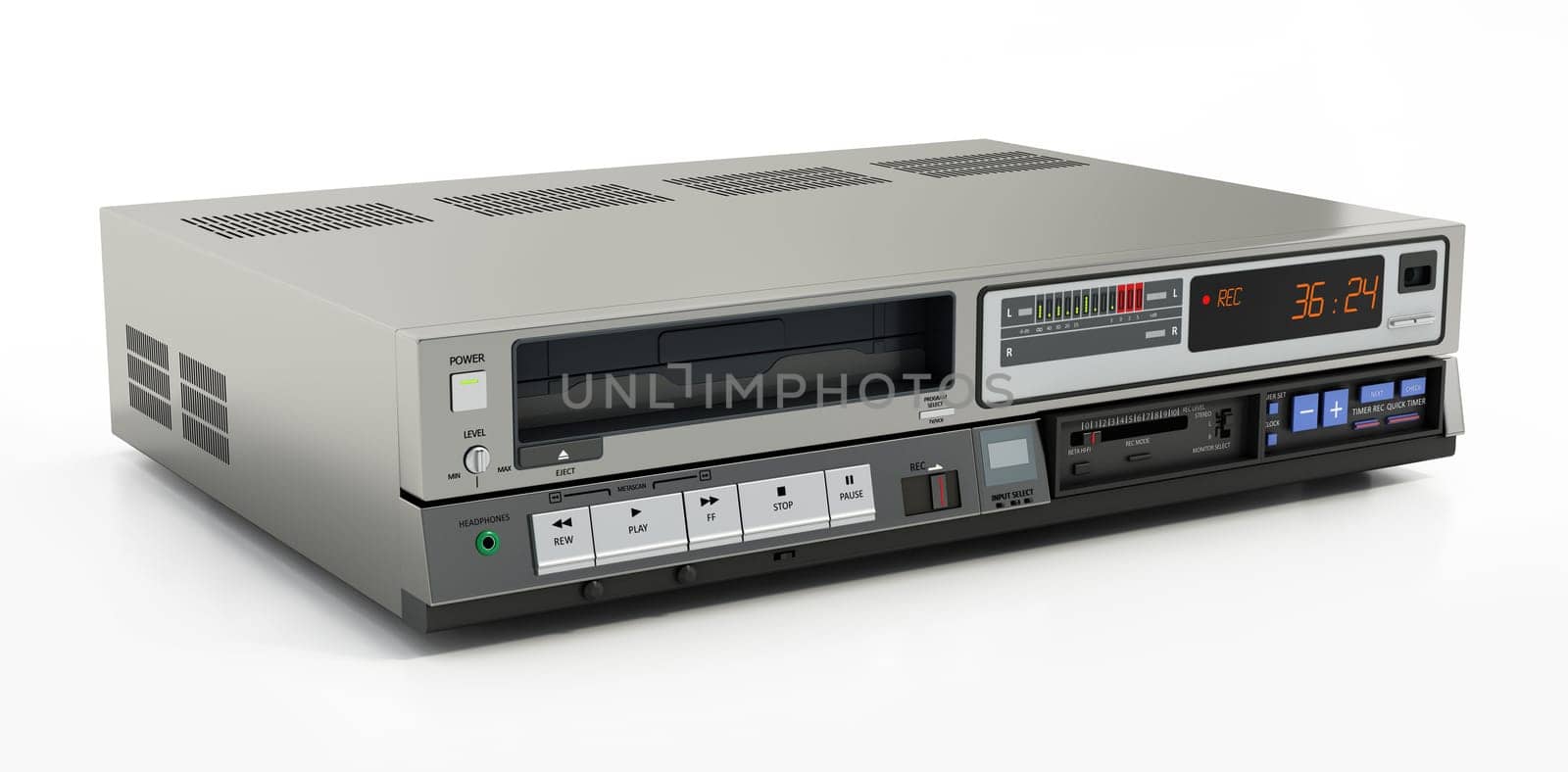 Vintage videocassette recorder or VCR isolated on white background. 3D illustration.