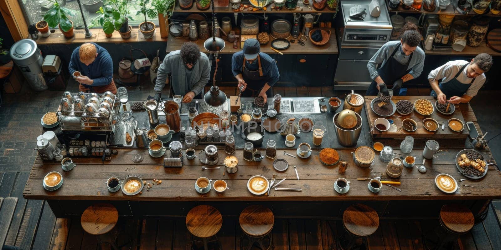 Coffee Shop Bar Counter Cafe Restaurant Relaxation Concept. People doing workshop in cozy coffee shop art. by Benzoix