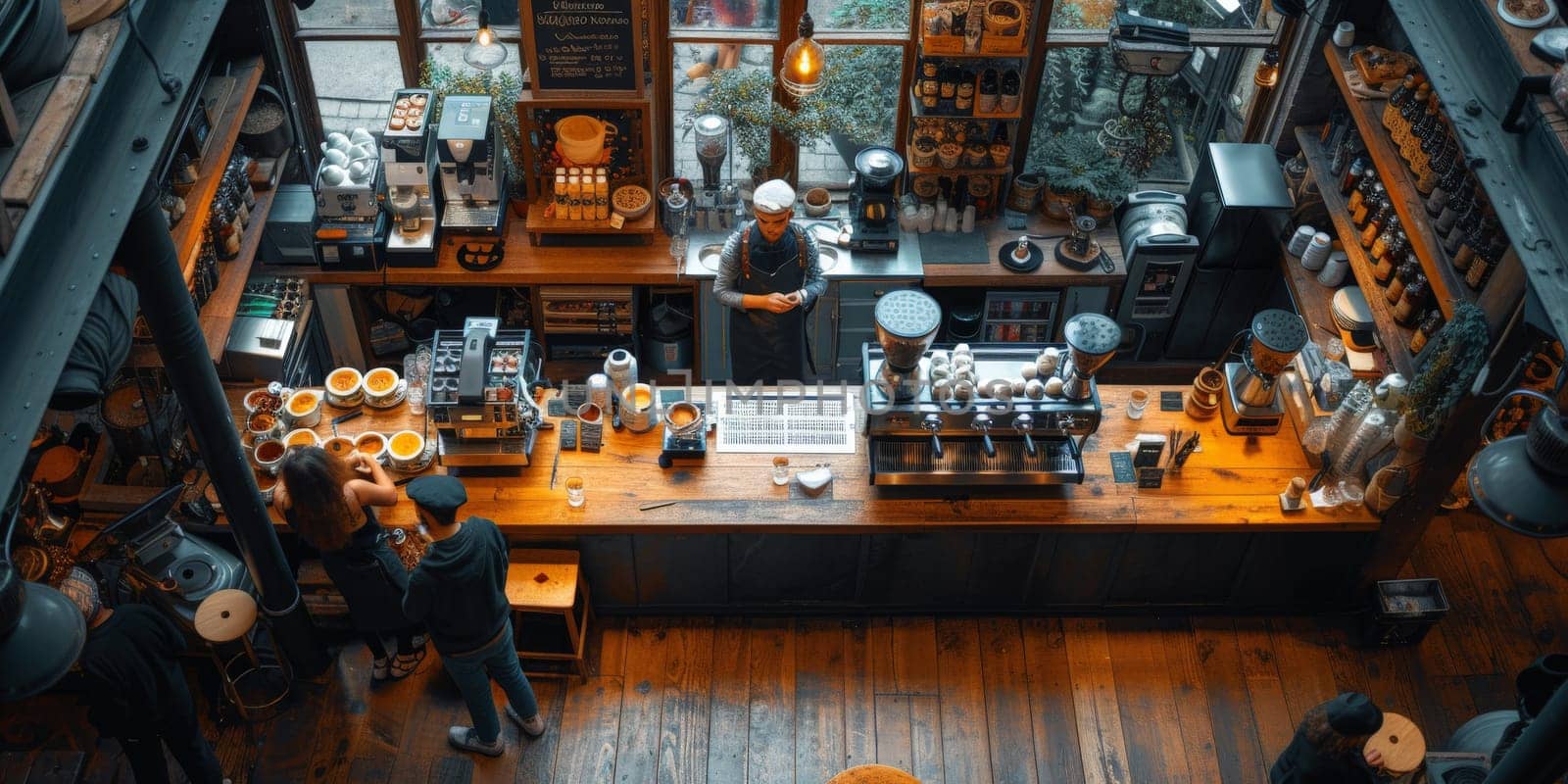 Coffee Shop Bar Counter Cafe Restaurant Relaxation Concept. People doing workshop in cozy coffee shop art. by Benzoix