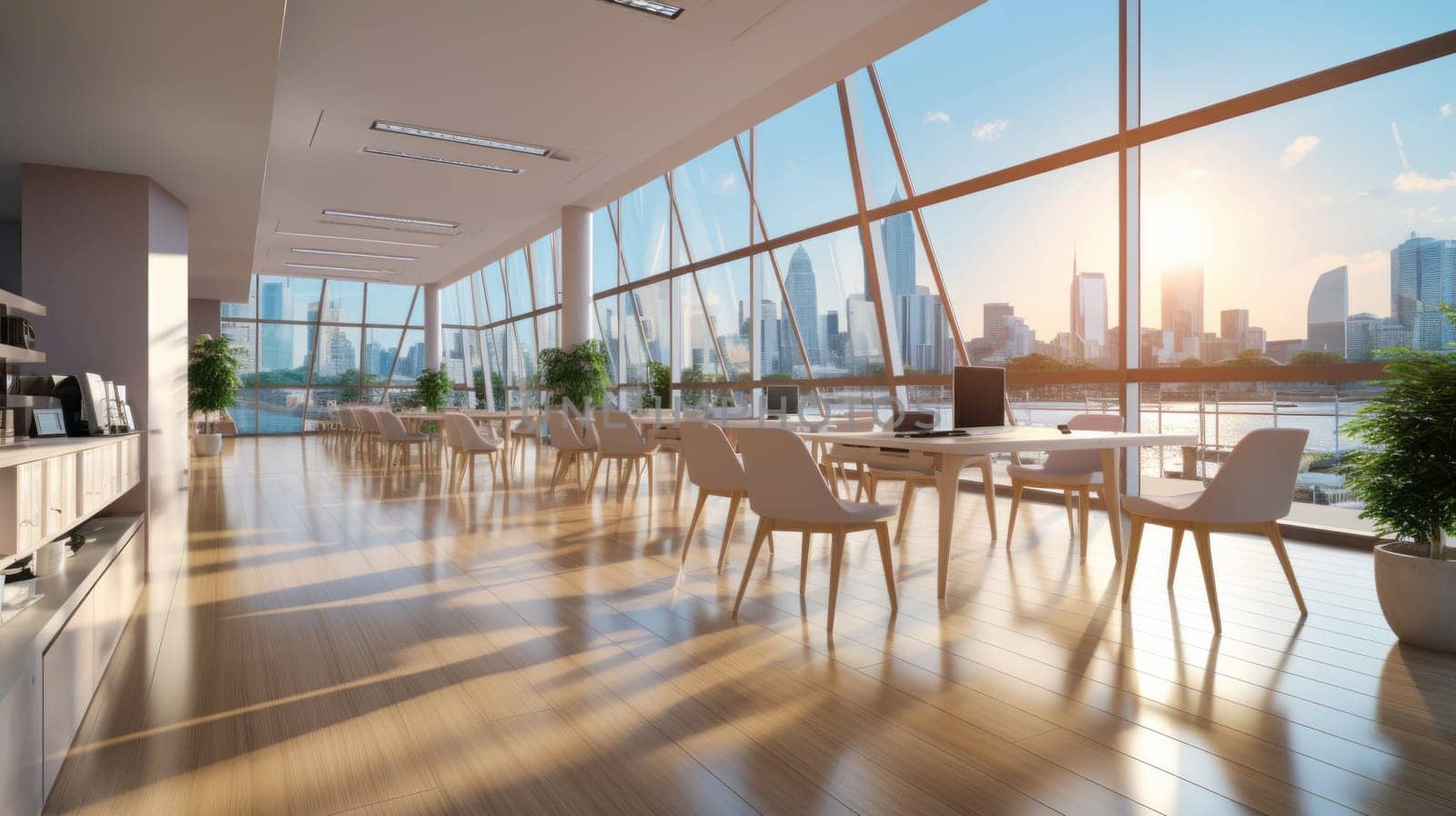 A beautiful modern spacious office hall with panoramic windows and a perspective in pleasant natural beige.