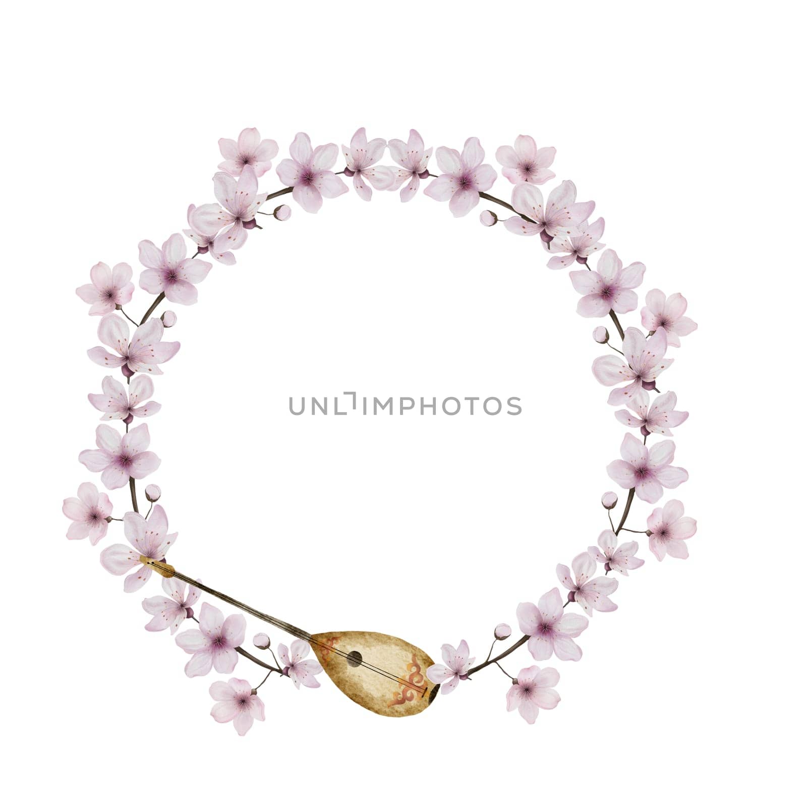 Round frame of flowers and dombra for the Nauryz holiday. Watercolor hand drawing on white isolated background. Wreath for the design of cards and invitations for the Kazakh holiday of the spring equinox. High quality illustration