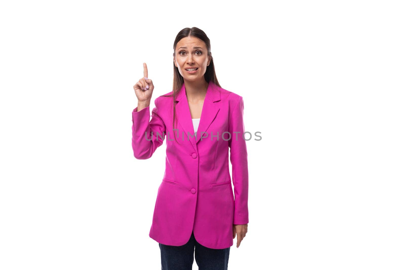 young smart brunette boss woman dressed in crimson jacket.