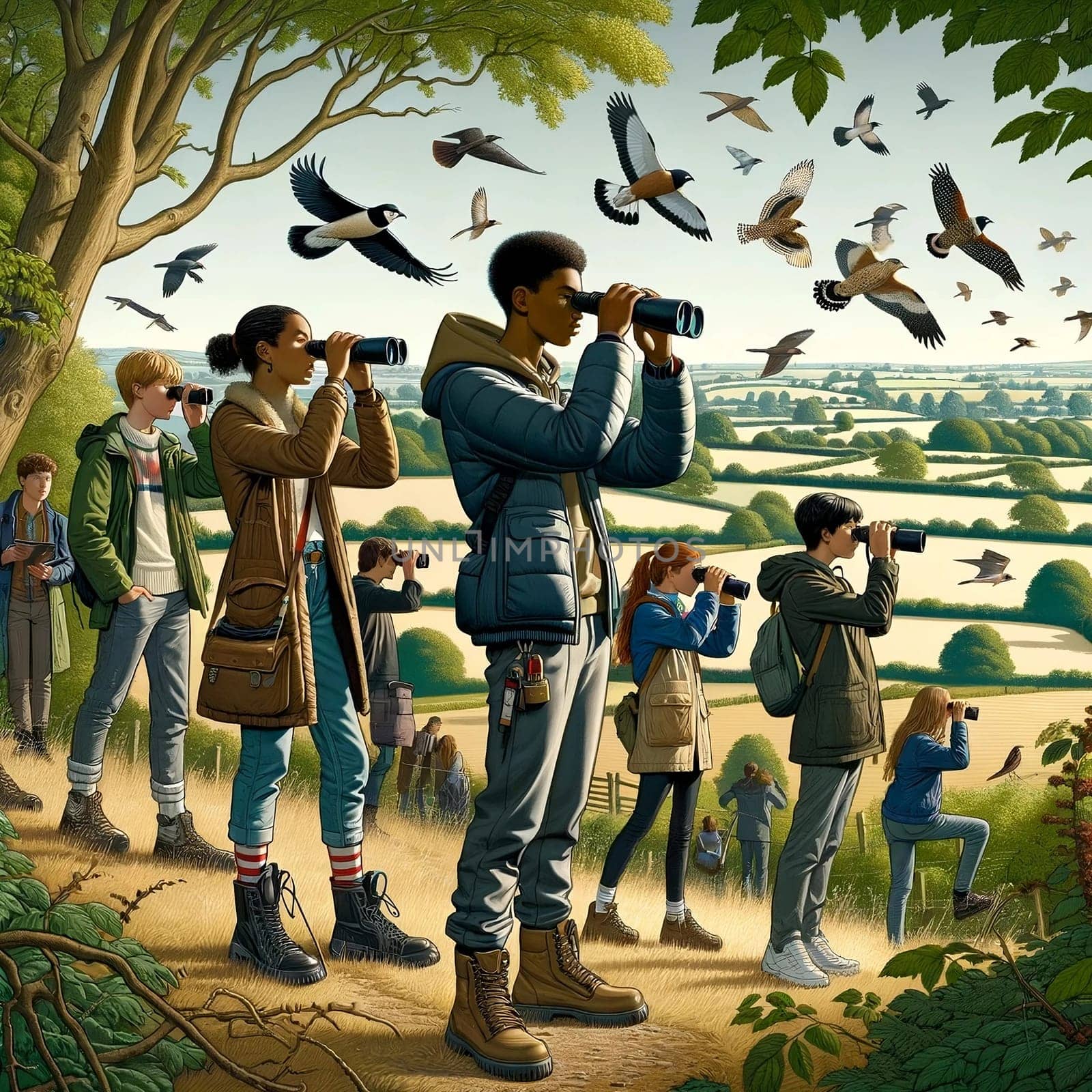 A group of happy people are using binoculars to admire birds in a field, surrounded by beautiful plants and trees. The scene is like a painting in the sky