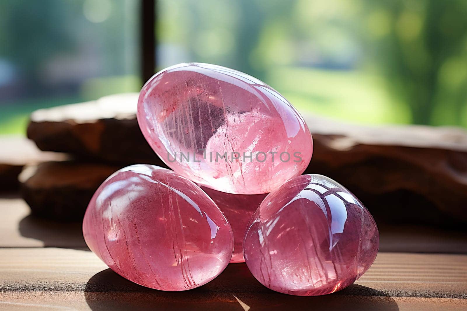 Three beautiful smooth rose quartz stones.