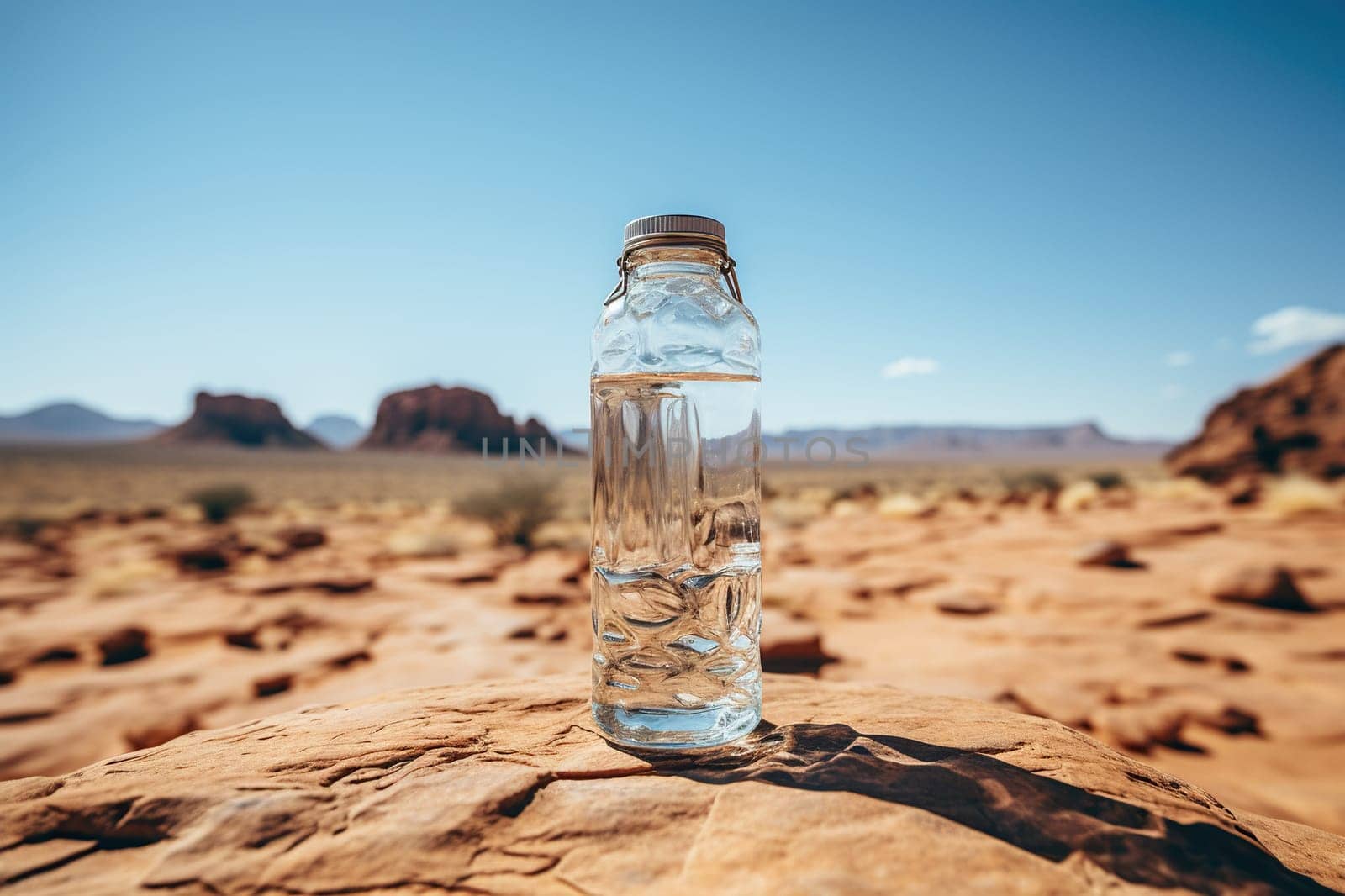 Glass bottle of water in the middle of the desert. Climate change concept.