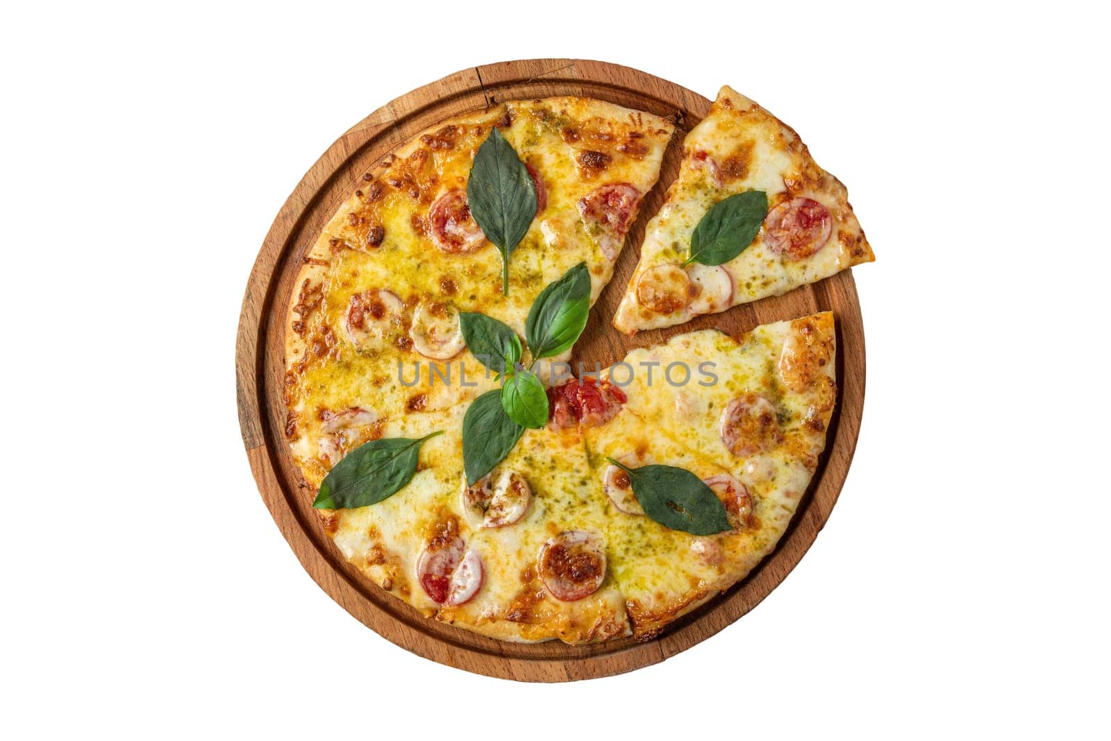 rustic italian pizza with mozzarella, cheese and basil leaves. top view  by Sonat