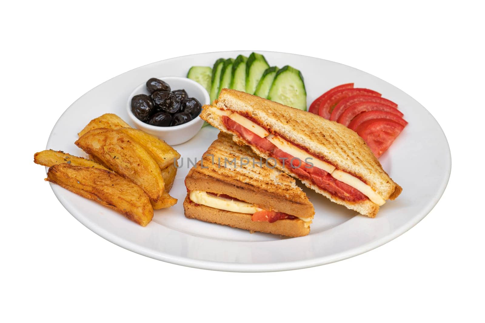 Toast with cheddar cheese, sausage and tomato with french fries and salad on white background