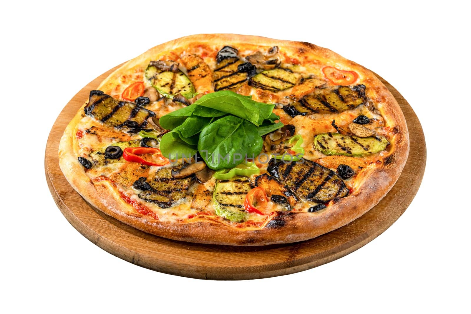vegetarian pizza with eggplant and zucchini on white background