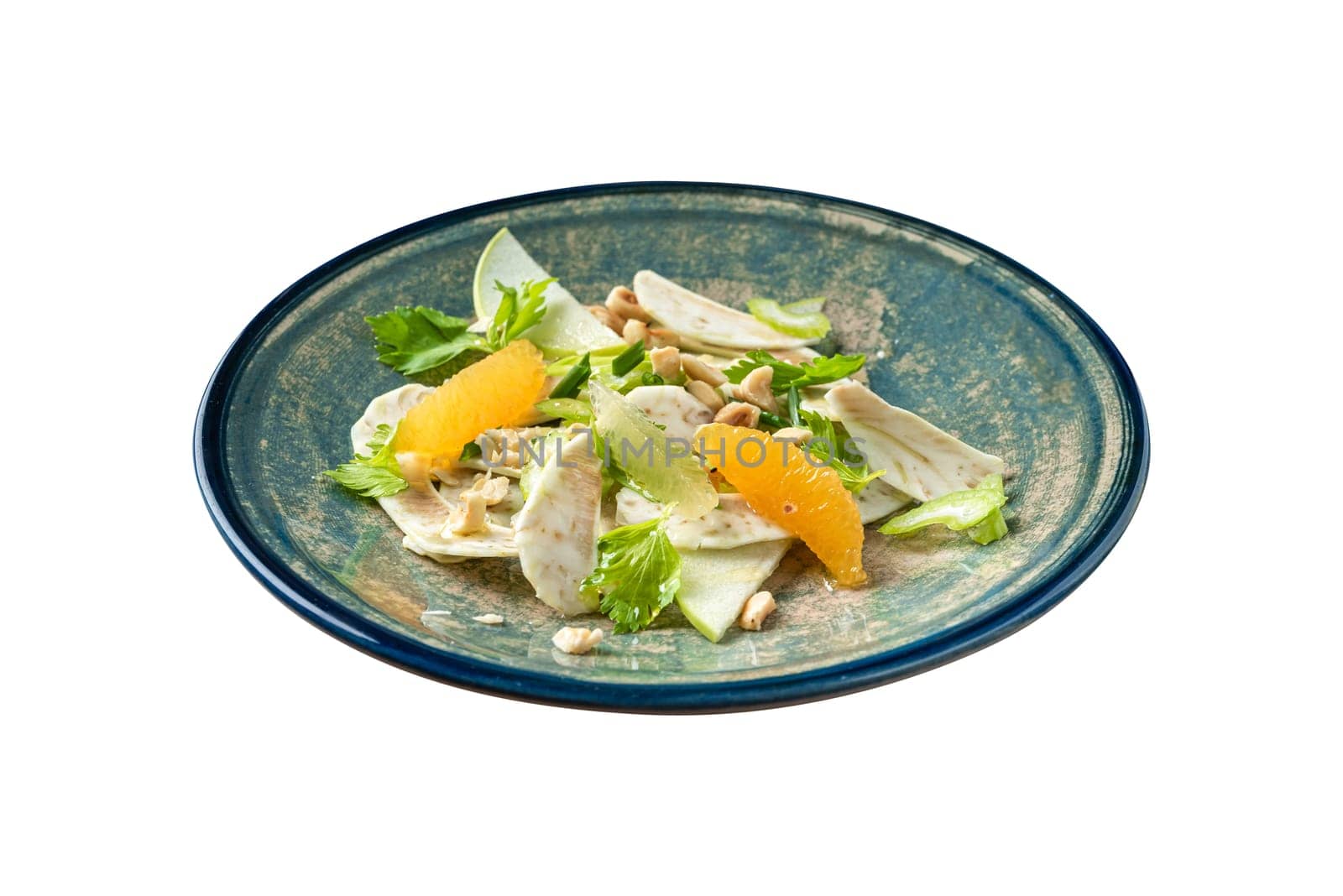 healthy and fresh artichoke salad with oranges and hazelnut on white background