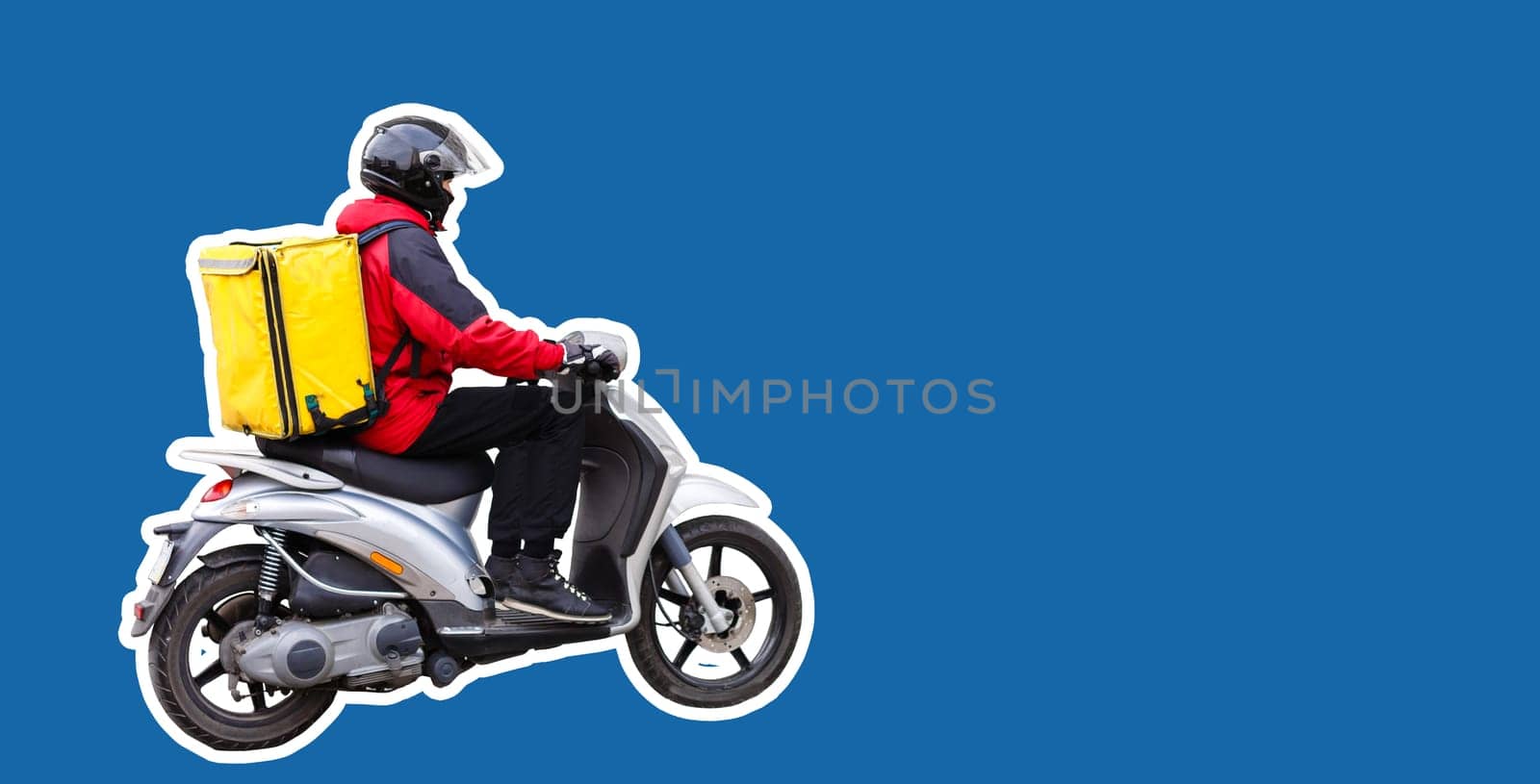 a person on a motorcycle on a blue background.