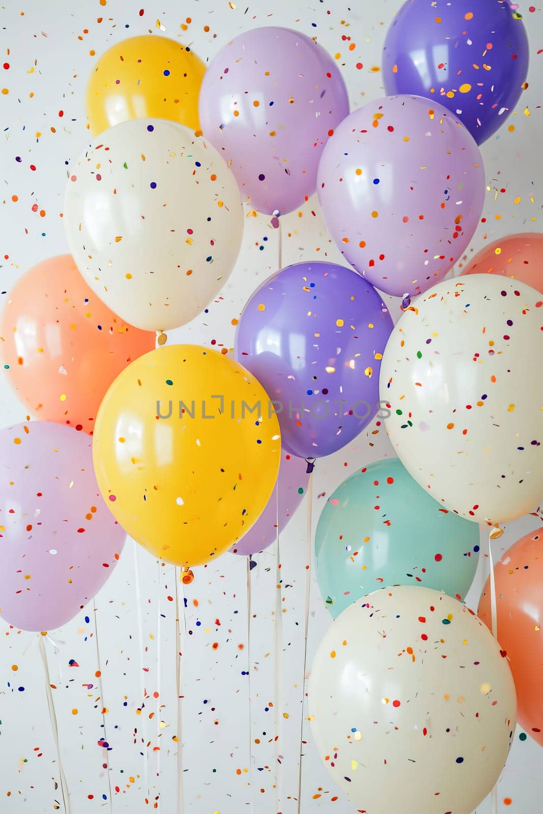 Festive background with colorful balloons in pastel colors and flying confetti on a white background. Vertical orientation. AI geneated.