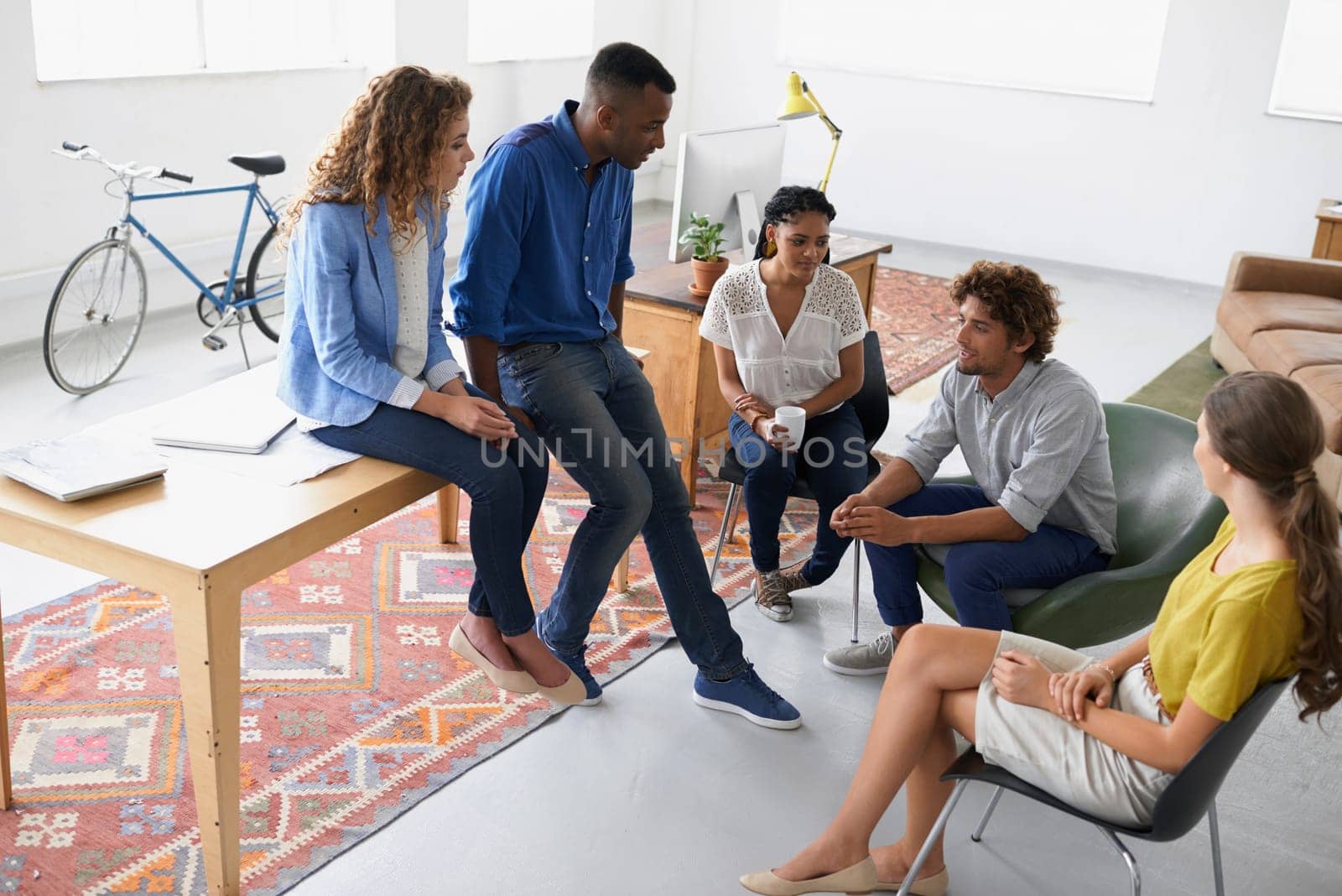 Top view of creative people, meeting and discussion at startup with planning and team. diversity and communication for project management. Ideas, notes and strategy with collaboration at agency.