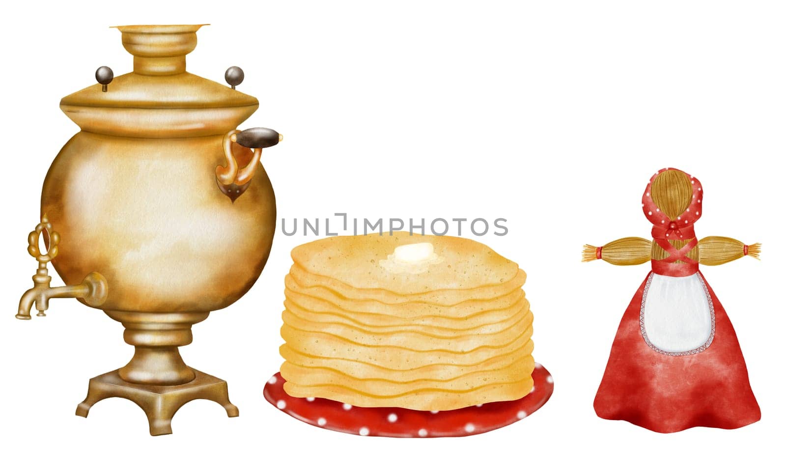 Wide Shrovetide set on isolated white background with samovar, pancakes, straw effigy. Cute traditional national traditional pictures with bagels and teapot. Illustrations for Happy Maslenitsa banners, cards and posters design