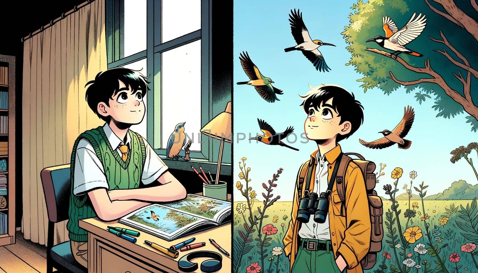 A boy is sitting at a desk and dreaming about birds, Birder Dream Goals scene. High quality photo