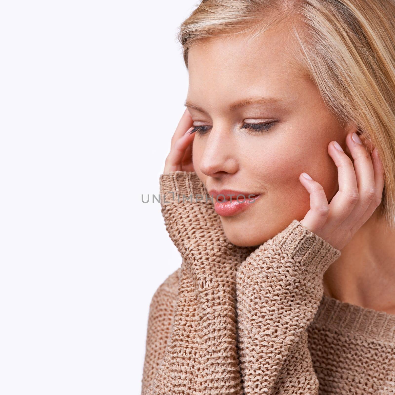 Studio, model and skincare with sweater, smile and vision with happiness and satisfaction. Woman, jersey and fashion for winter, care and treatment with comfort clothes or cardigan with style.