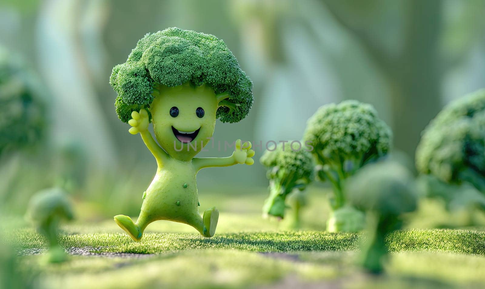 Cartoon running broccoli on a natural background. Selective soft focus.