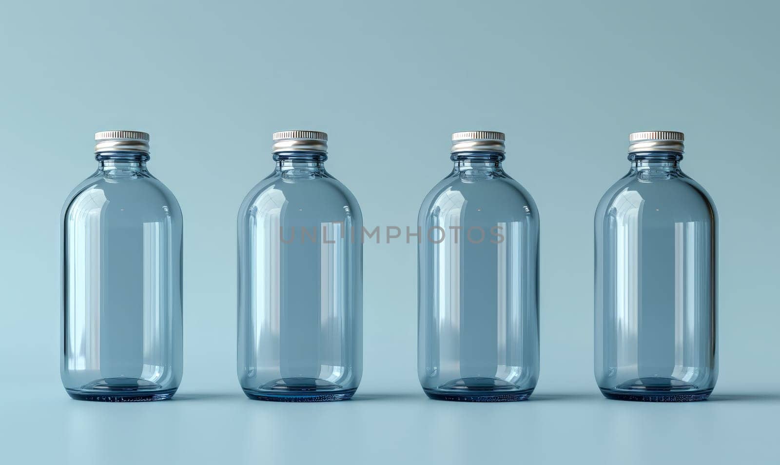 Empty transparent bottles with caps on a blue background. by Fischeron