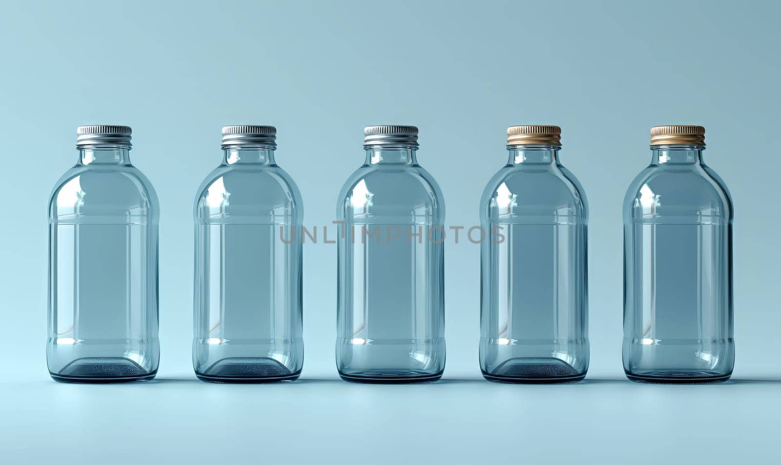 Empty transparent bottles with caps on a blue background. by Fischeron
