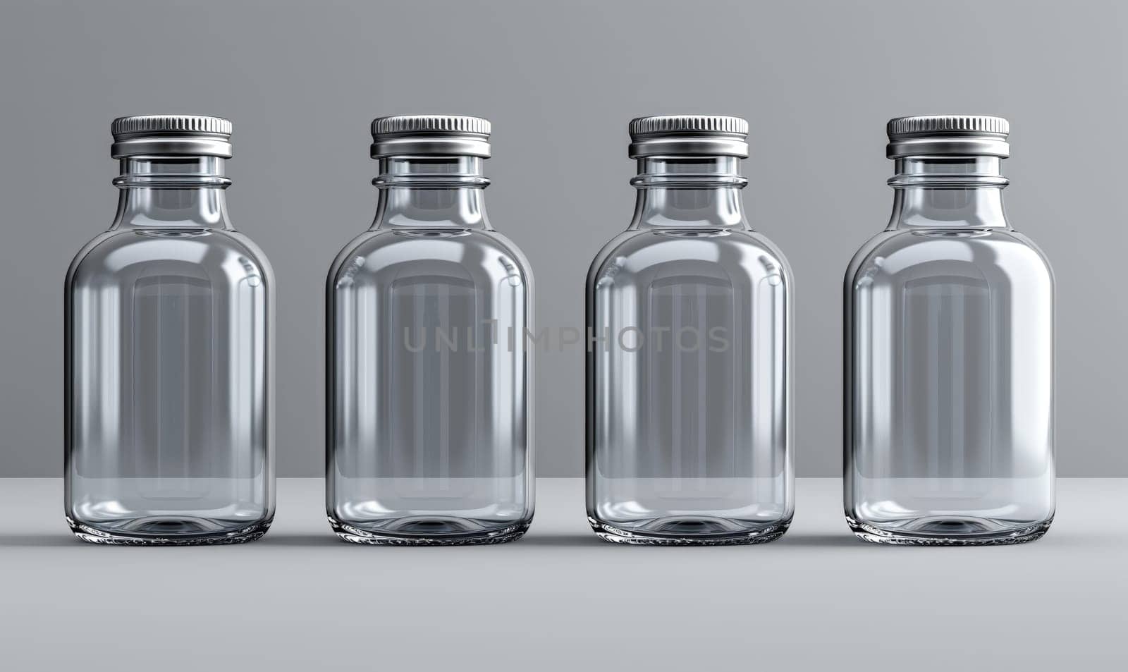 Empty transparent bottles with caps on a light background. Selective soft focus.