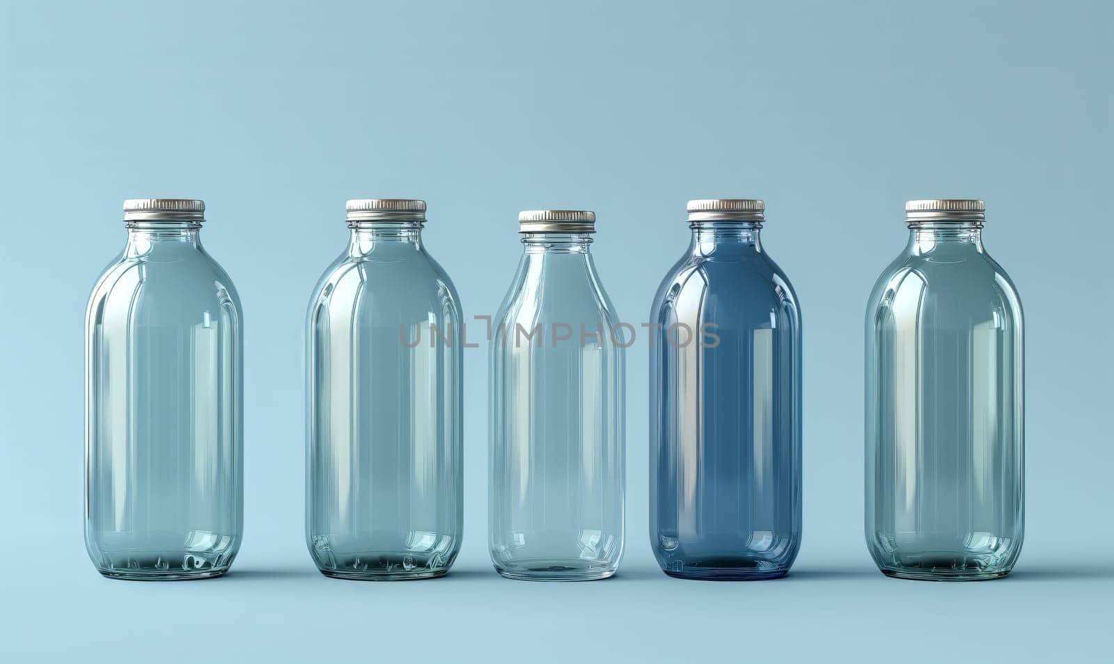 Empty transparent bottles with caps on a blue background. by Fischeron