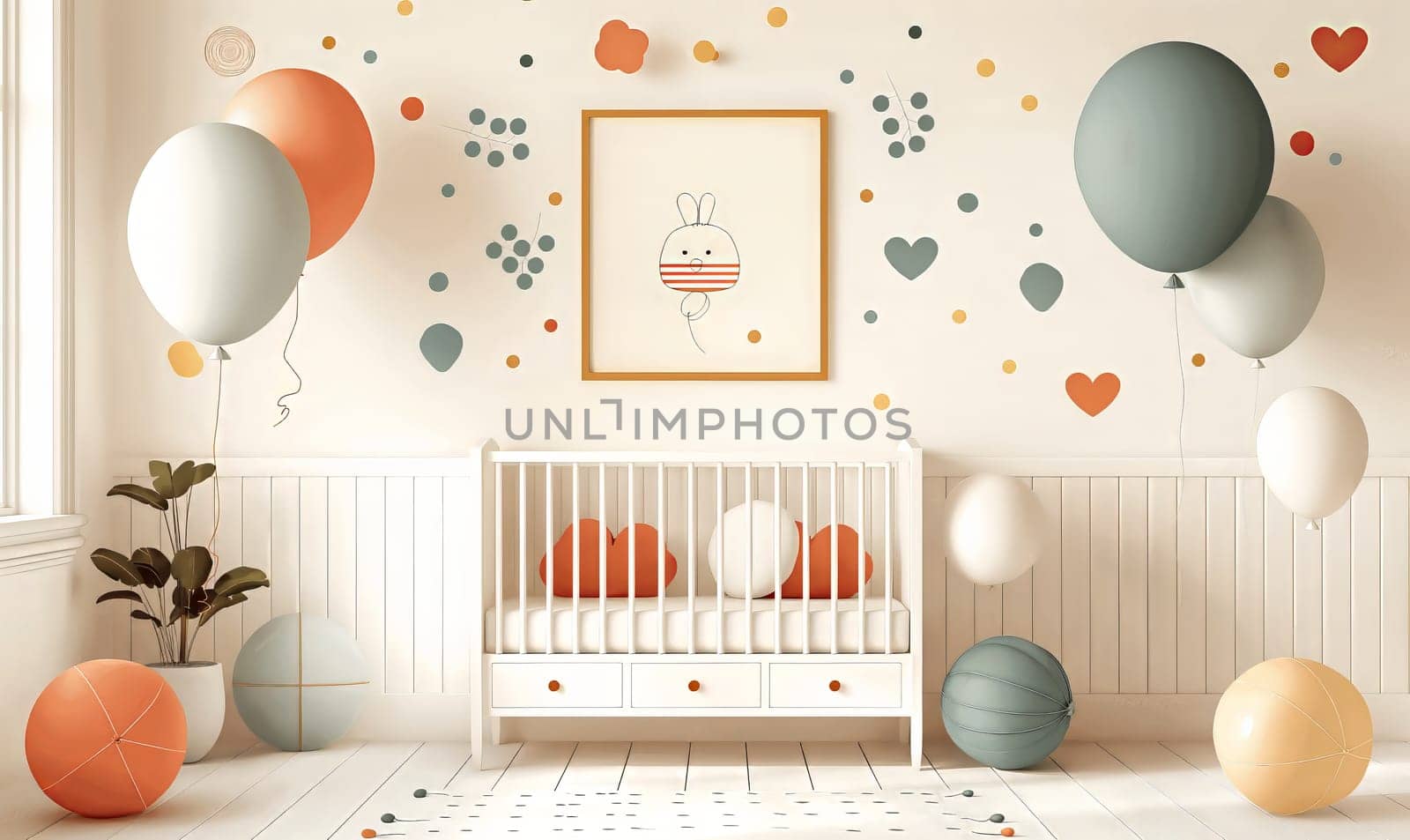 Greeting card, baby crib and congratulation balloons. by Fischeron