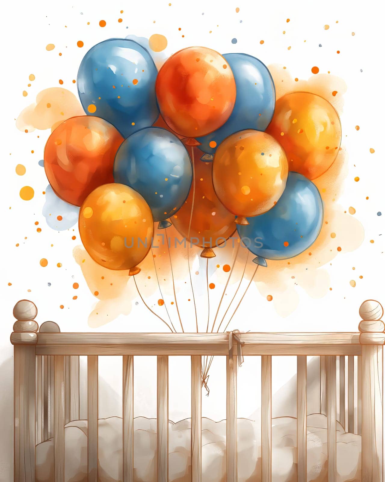 Greeting card, baby crib and congratulation balloons. Selective soft focus.