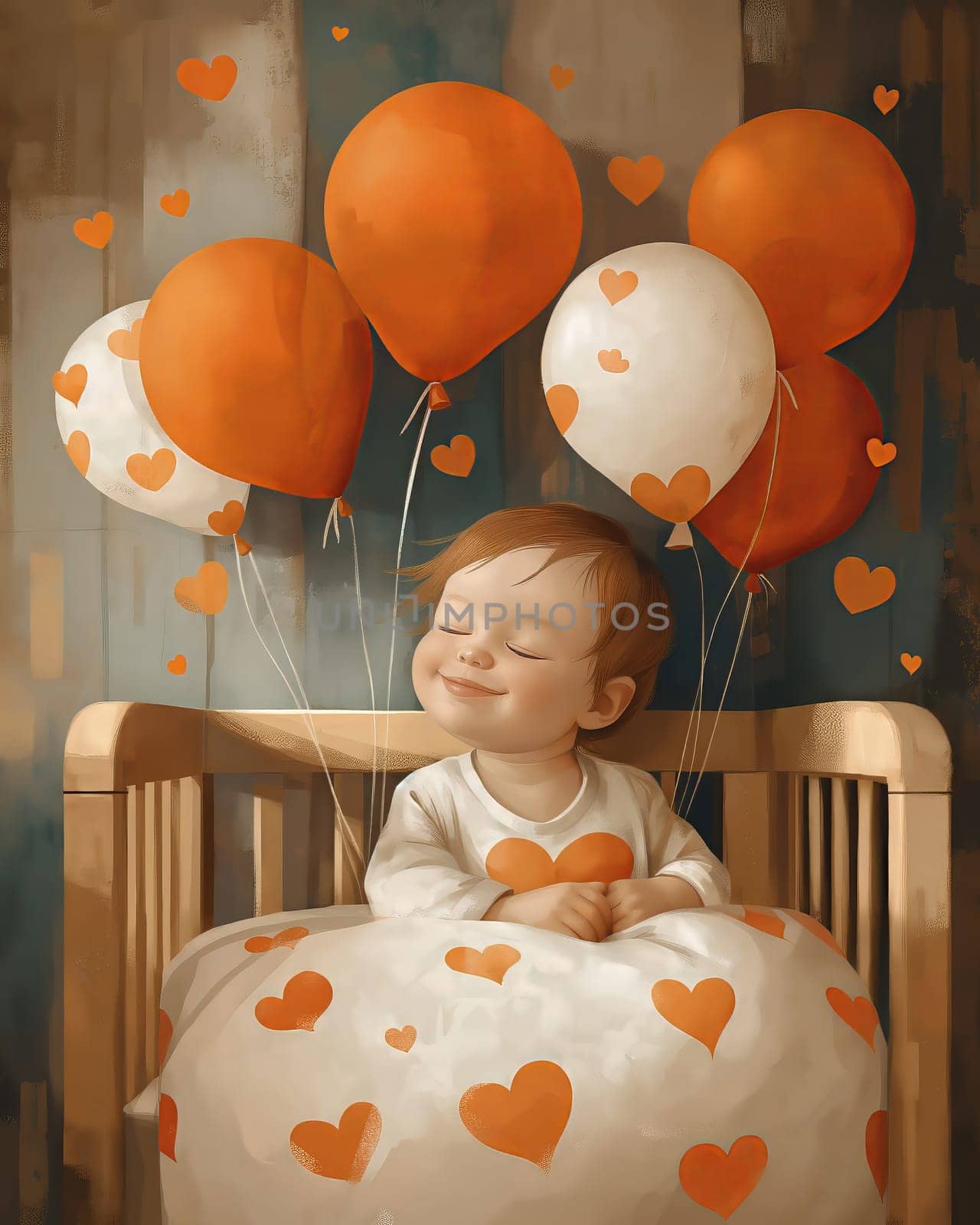 Greeting card, baby crib and congratulation balloons. Selective soft focus.