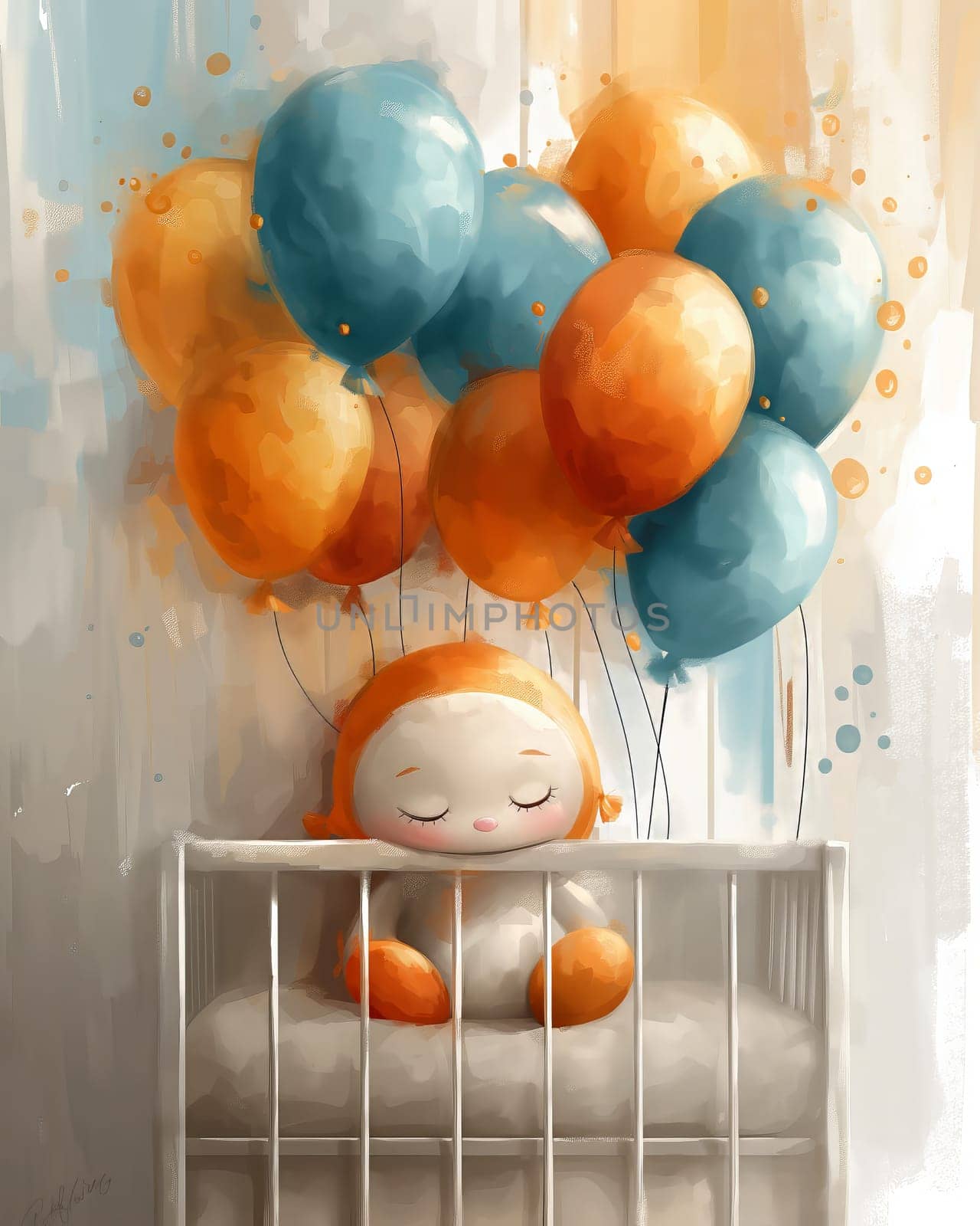 Greeting card, baby crib and congratulation balloons. Selective soft focus.