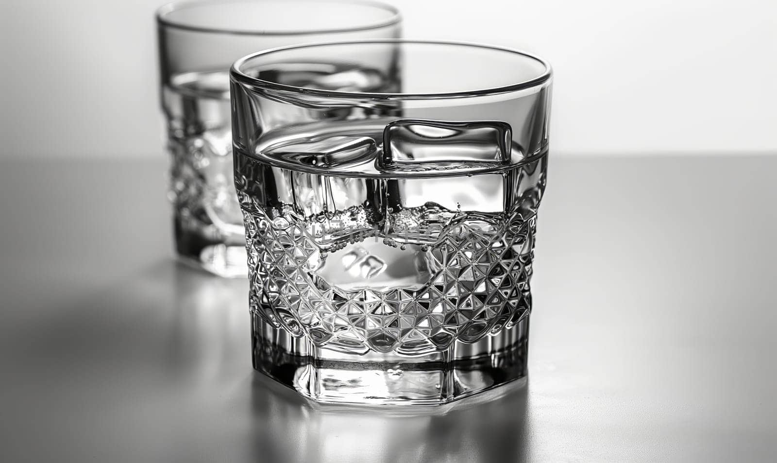 Transparent glass with clear drink and ice cubes. by Fischeron