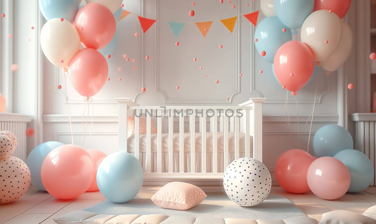 Greeting card, baby crib and congratulation balloons. Selective soft focus.