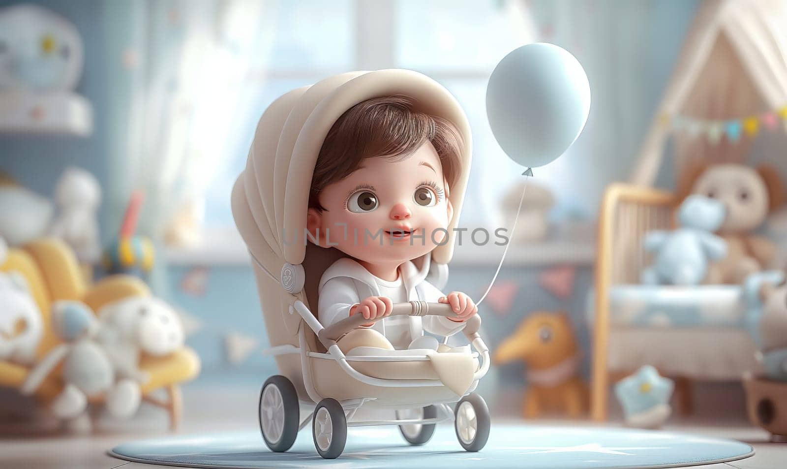 Illustration of a child sitting in a stroller in a room. by Fischeron