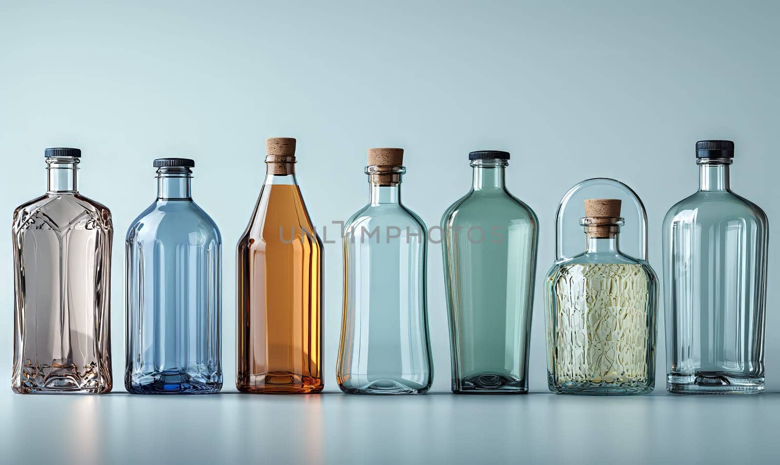 Empty transparent bottles with caps on a blue background. Selective soft focus.