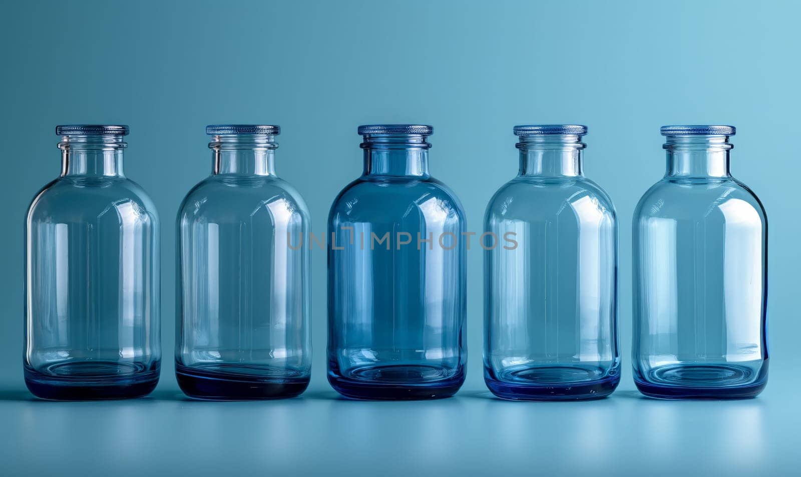 Empty transparent bottles without caps on a blue background. Selective soft focus.