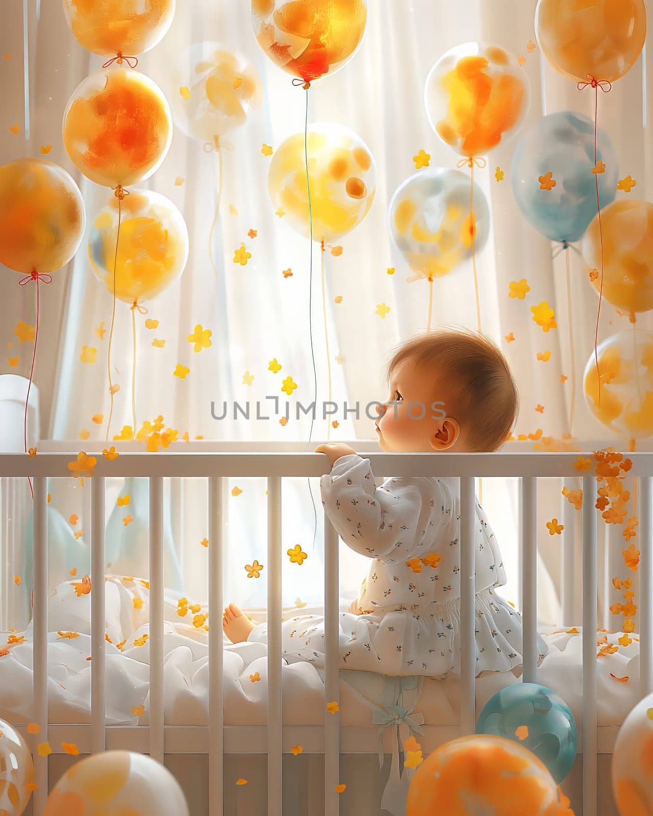 Greeting card, baby crib and congratulation balloons. Selective soft focus.