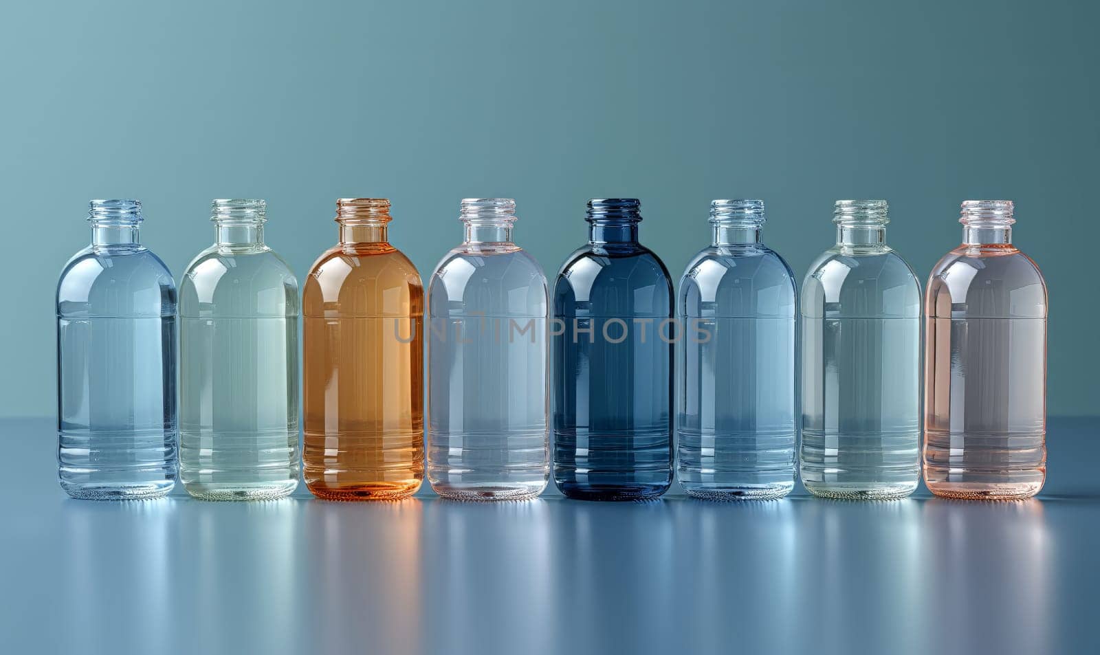 Empty transparent bottles without caps on a blue background. Selective soft focus.