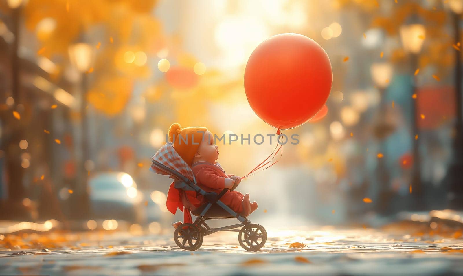 Illustration of a child sitting in a stroller in nature. Selective soft focus.