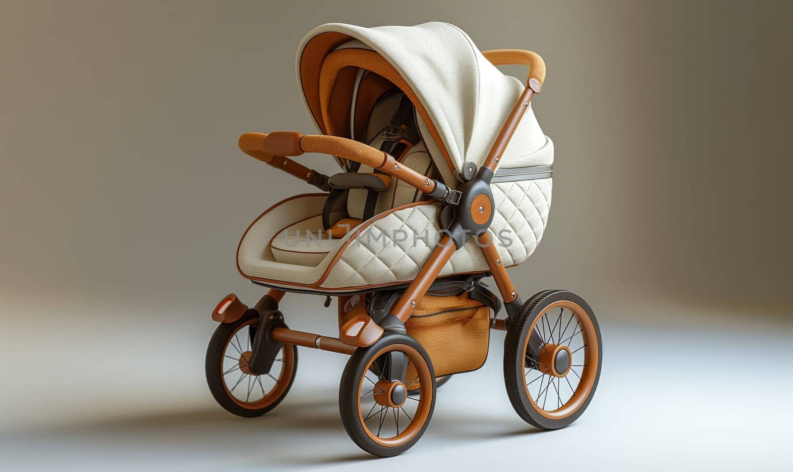 Image of a baby stroller on a light background. Selective soft focus.